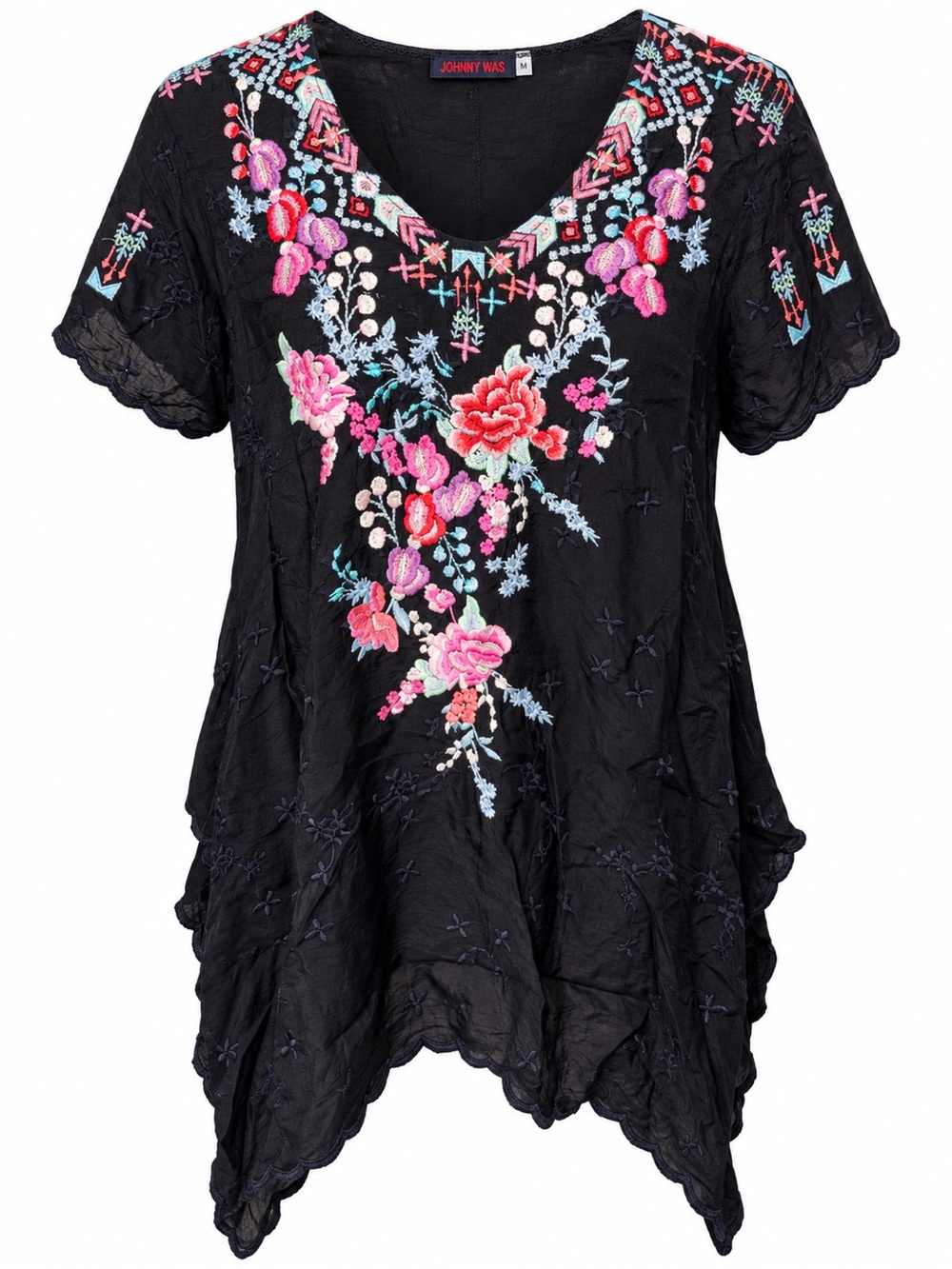 Johnny Was Hinga Embroidered Tunic Top M Black Floral Boho Handkerchief Hem